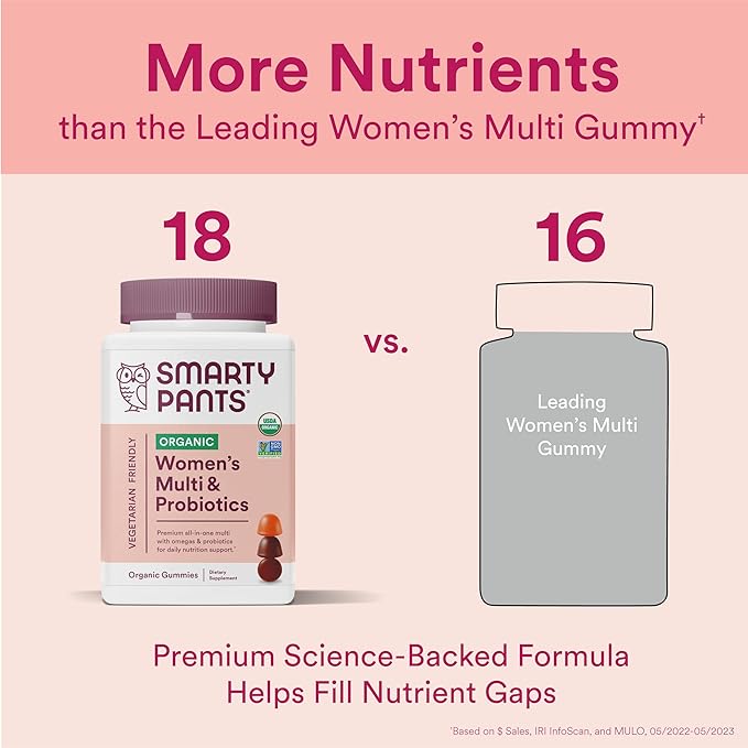 SmartyPants Organic Women's Multivitamin Gummies: Biotin, Probiotics, Methylfolate, Omega 3 (ALA), Vitamin D3, C, Vitamin B12, B6, Vitamin A, K & Zinc, Gluten Free, 120 Count (30 Day Supply)