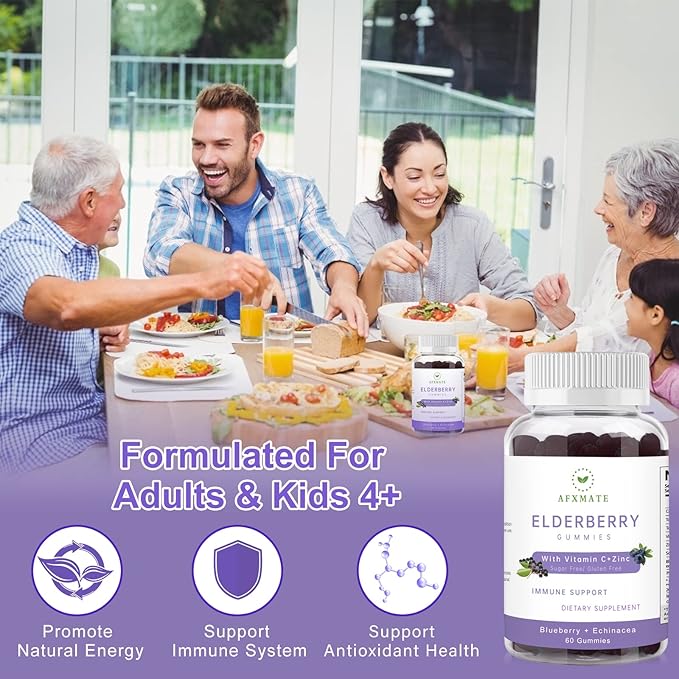 AFXMATE Sambucus Elderberry Gummies, Black Elderberry Gummy with Zinc and Vitamin C for Adults, Sugar Free Kids Multivitamin Gummies, Immune Support* Supplement, 120 Gummies (2 Pack)