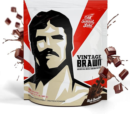 Vintage Brawn – Muscle-Building Protein Powder Isolate for Men & Women – Post-Workout & Anytime Recovery Drink – Premium Protein Isolate Sources: Egg, Milk, Beef – Rich Chocolate Flavor - 2.1 Lbs.