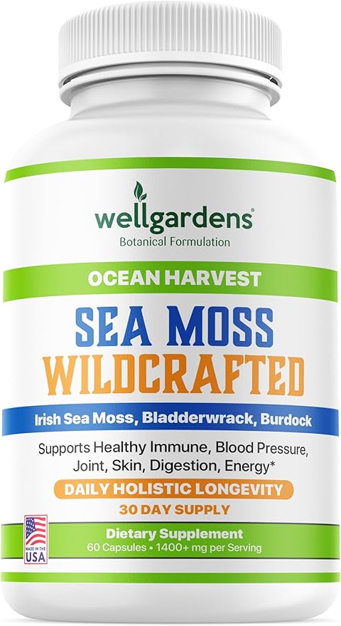 100% Pure Sea Moss, Organic Superfood - Irish Seamoss, Bladderwrack, Burdock Root - Supports Healthy Immune, Blood Pressure, Joint, Skin, Digestion, Energy - 60 Sea Moss Capsules
