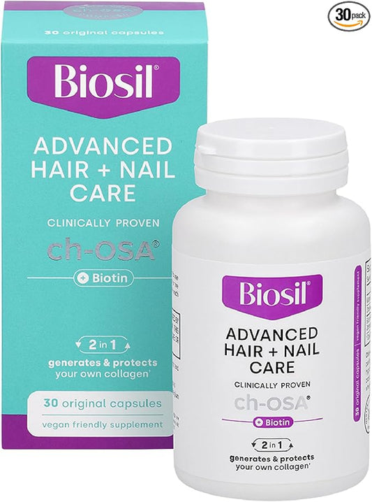 Biosil Advanced Hair + Nail Care - 30 Capsules - Grow, Strengthen & Thicken Hair and Nails - with Patented ch-OSA & Biotin - 15-Day Supply