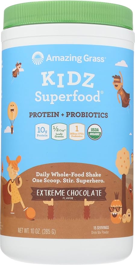Amazing Grass Kidz Superfood: Vegan Protein & Probiotics for Kids with Beet Root Powder & 1/2 Cup of Leafy Greens, Extreme Chocolate, 15 Servings