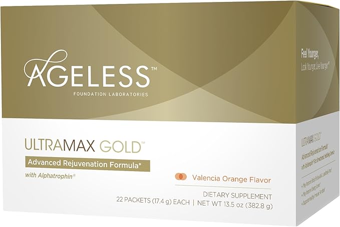 AGELESS UltraMAX Gold Effervescent Powder, HGH Anti-Aging Supplement for Women, Help Women Rejuvenate Their Faces Return to Youthfulness, Mens Supplement, Valencia Orange Flavor 22 Packets