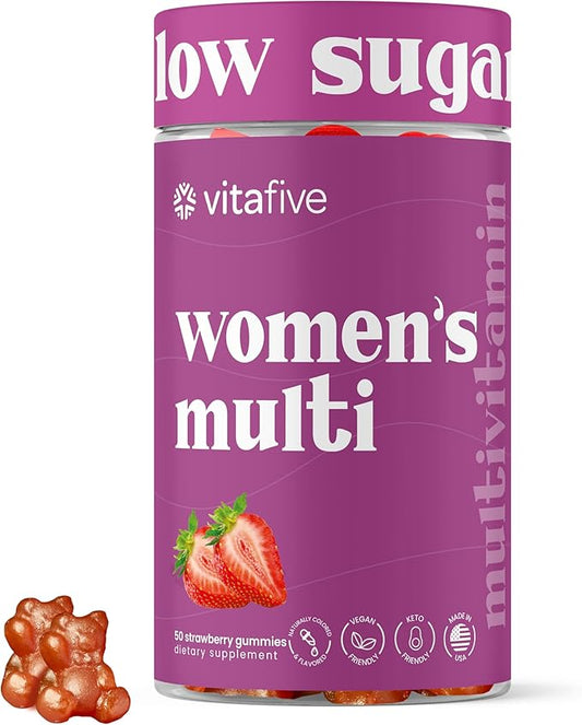 vitafive Women's Multivitamin Gummies, Best Multivitamin for Women with Biotin, D3, B12, Zinc, Low Sugar, Gluten Free (50 Ct)