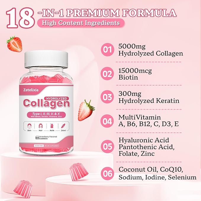 2 Pack Sugar Free Collagen Gummies for Women Men, 5000mg Hydrolyzed Collagen Peptide I,II,III,V,X with 15000mcg Biotin, Keratin, Vitamin C A B D E for Skin Hair Nails Joints, Immunity Energy Digestion