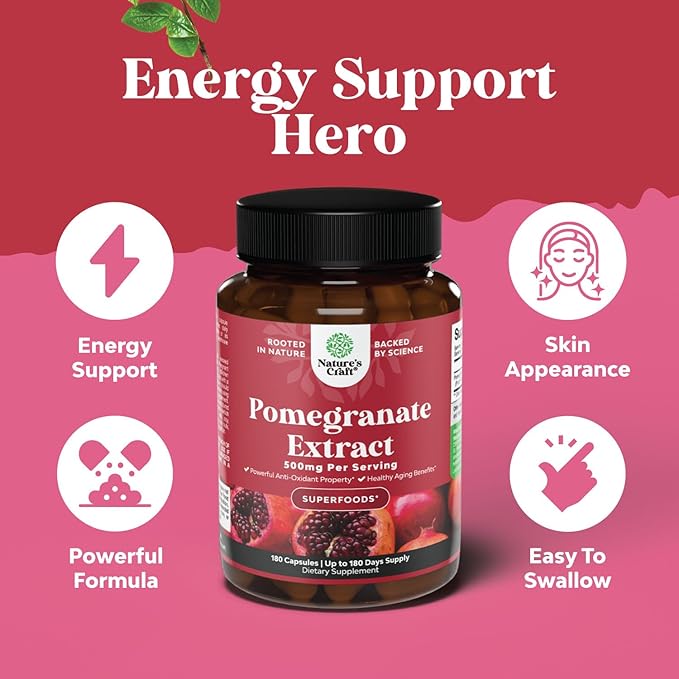 Advanced Antioxidant Superfood Pomegranate Supplement - Natural Pomegranate Extract Polyphenols Supplement for Heart Health and Joint Support - Reds Superfood Powder Capsules for Men and Women 180ct