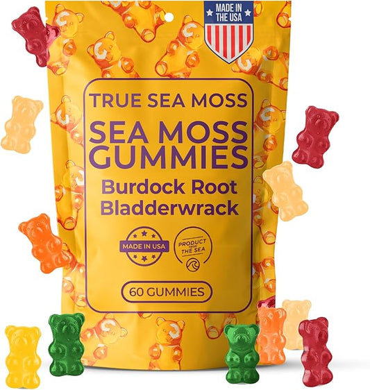 Sea Moss Gummies for Adults & Kids - Magnesium, Burdock Root & Bladderwrack – Supports Immune, Boost Energy, Skin & Hair Health, Detox - 60 Vegan Gummies