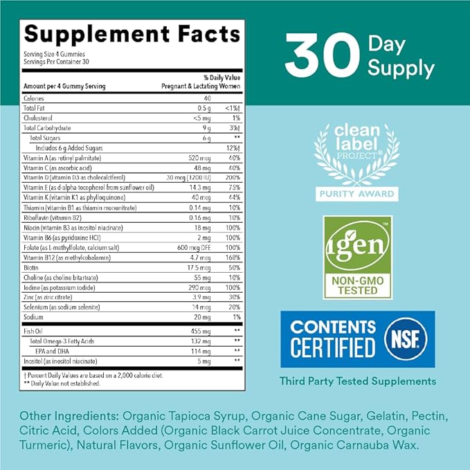 SmartyPants Prenatal Vitamins for Women, Multivitamin Gummies: Omega 3 Fish Oil (EPA/DHA), Biotin, Methylfolate, Vitamin D3, C, Vitamin B12, B6, Vitamin A, K & Zinc, 120 Count (30 Day Supply)