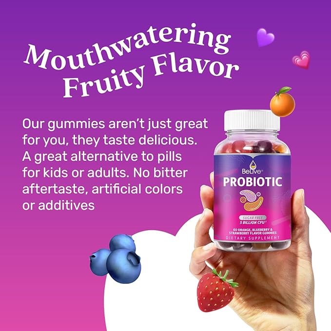 BeLive Probiotic Gummies - Probiotics with 5 Billion CFUs for Digestive Health, Men, Women & Kids Probiotic Supplements for Immune Support, Sugar Free & Vegan – Blueberry, Strawberry & Orange | 3-Pack