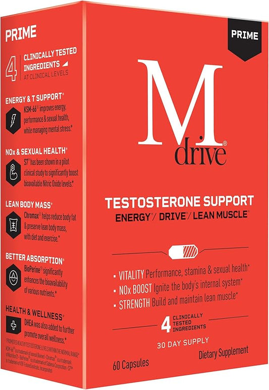 Mdrive Prime - Testosterone Support for Men, Max Energy, Stress Relief and Lean Muscle, KSM-66 Ashwagandha, S7 Nitric Oxide Booster, Bioperine and DHEA, 60 Capsules