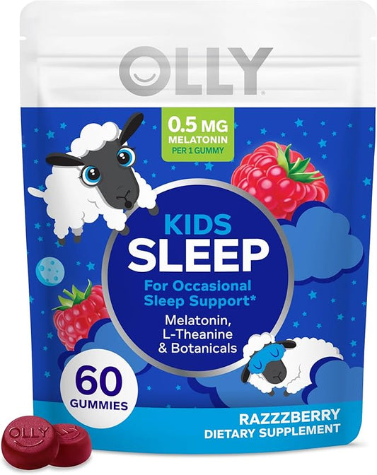 OLLY Kids Sleep Gummy, 0.5mg Melatonin, L Theanine, Chamomile, and Lemon Balm, Childrens Chewable Supplement, Occasional Sleep Support, Raspberry - 60 Count (Packaging may vary)
