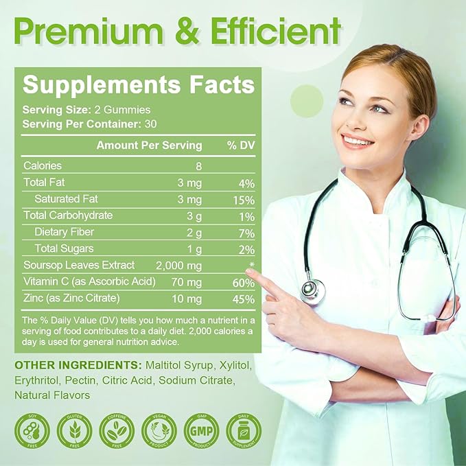 2000mg Natural Soursop Graviola Gummies Supplement, Original Soursop Leaves Extract with Vitamins C & Zinc for Women & Men, Multivitamin Soursop Fruit Supplement for Immunity & Antioxidant & Energy