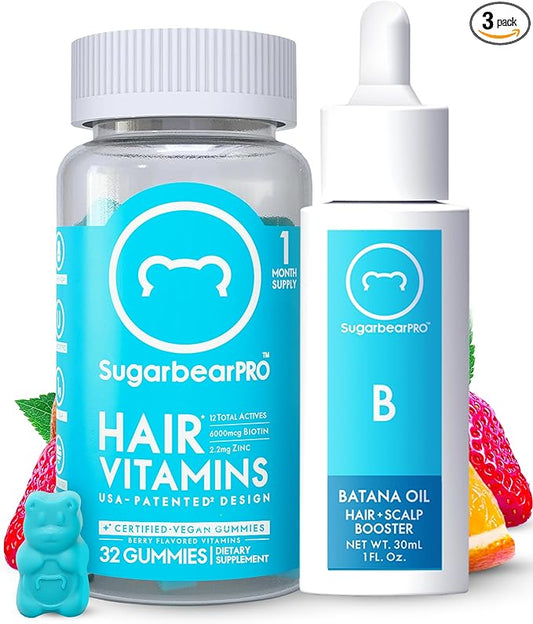 Sugarbear Hair Vitamin Gummy 1 Month Supply & 1 Pure Batana Natural Hair Growth Oil-Extra Strength Biotin 6000mcg, Women, Men, Vegan Vitamin B12, MSM, Inositol, Elderberry, Kosher, Halal, Cruelty-Free
