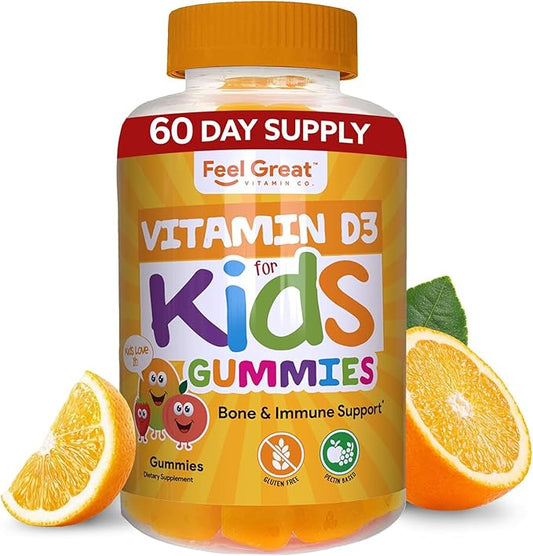 Vitamin D3 1000IU Gummy Vitamins for Kids (60 Day Supply) by Feel Great Vitamin Co | 60 Gummies | Delicious Plant Based Gummies | Supports Healthy Bones, Teeth, Mood, Immune System*