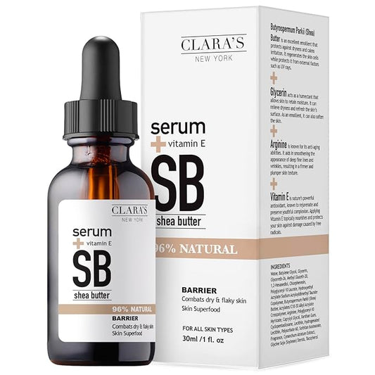 CLARA'S NEW YORK Super Food Shea Butter Facial Serum with Vitamin E to Moisturize and Heal, for Dry and Flaky Skin, 30ml /1Fl oz - Made In USA