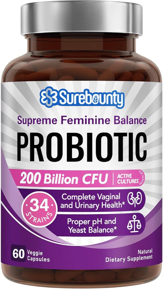 Women's Probiotic, 200 Billion CFU, Prebiotics + Digestive Enzymes + Cranberry, Complete Vaginal & Urinary Tract Health, Maintain pH & Yeast Balance, 60 Caps