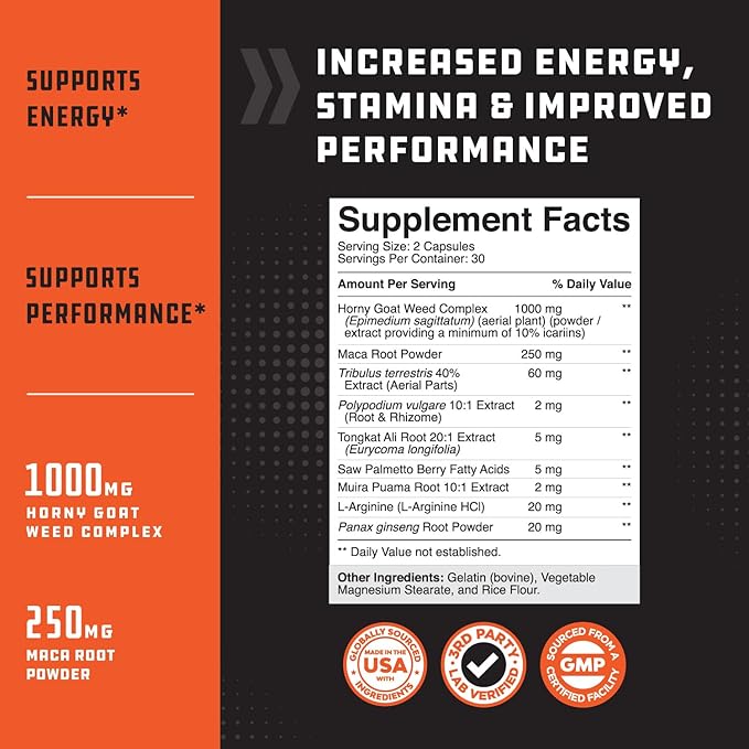 Testosterone Supplement for Men with Tongkat Ali and Horny Goat Weed - Testosterone Booster for Men for Energy Muscles and Drive with Invigorating Herbal Maca Root for Men (1 Month Supply)