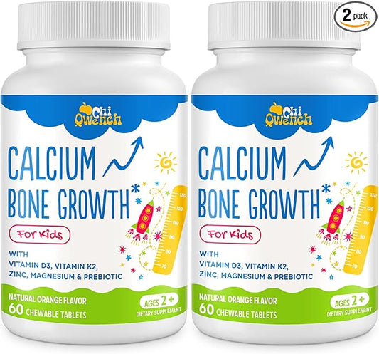 500 MG Calcium Supplement with Vitamin D3 & K2, Zinc, Magnesium & Prebiotics. Kids Vitamins for Kids' Height. Bone Strength, High Absorption, Orange Chewables, Non-GMO, Gluten Free, 120 Tabs