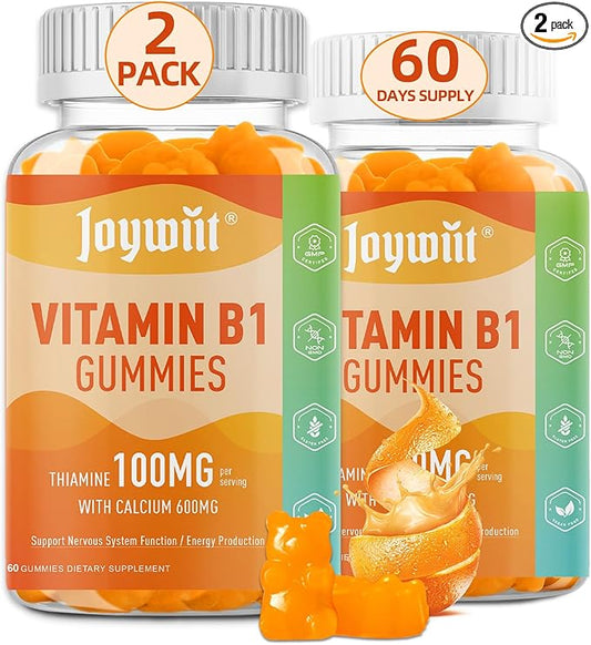 Vitamin B1 Gummies 100mg for Adults & Kids, Thiamine B1 Supplement with 600mg Calcium, Nervous System Supports & Boost Energy, Orange Flavor, Non GMO, Vegan, 120 Chewable Gummies