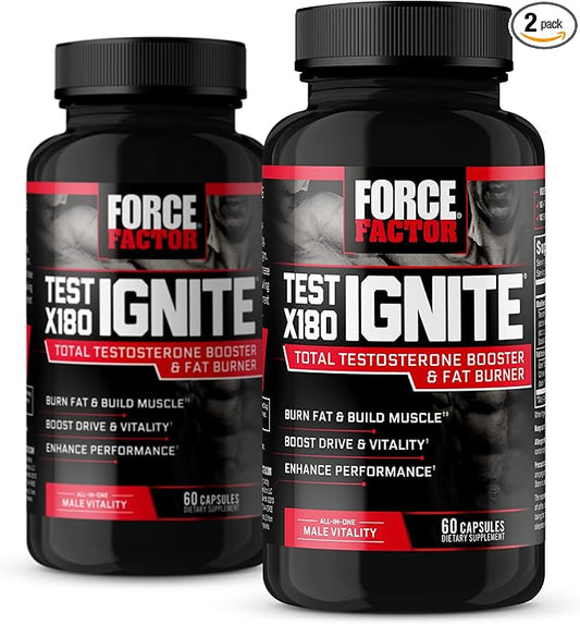 FORCE FACTOR Test X180 Ignite, Testosterone Booster & Fat Burner for Men, Testosterone Supplement to Burn Fat, Build Muscle, Increase Energy, and Boost Vitality and Performance, 60 Count (Pack of 2)