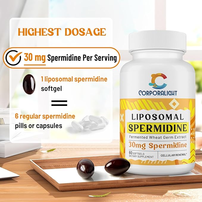 30mg Spermidine Supplement, Liposomal Spermidine, High Absorption, More Potent Than Spermidine 3HCL, Fermented Wheat Germ Extract, Spermidine for Women & Men, Cellular Renewal, Longevity, 180 Softgels