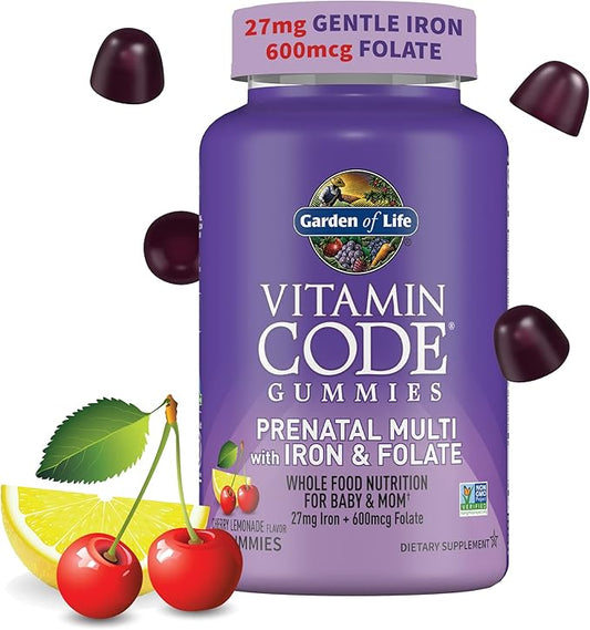 Garden of Life Prenatal Gummy Vitamins for Women with Iron:Folate,Biotin,D3&B12+Probiotics for Digestion,Vitamin Code Multivitamin,Non-GMO,Gluten-Free,90 Cherry Lemonade Gummies, 30 Day Supply