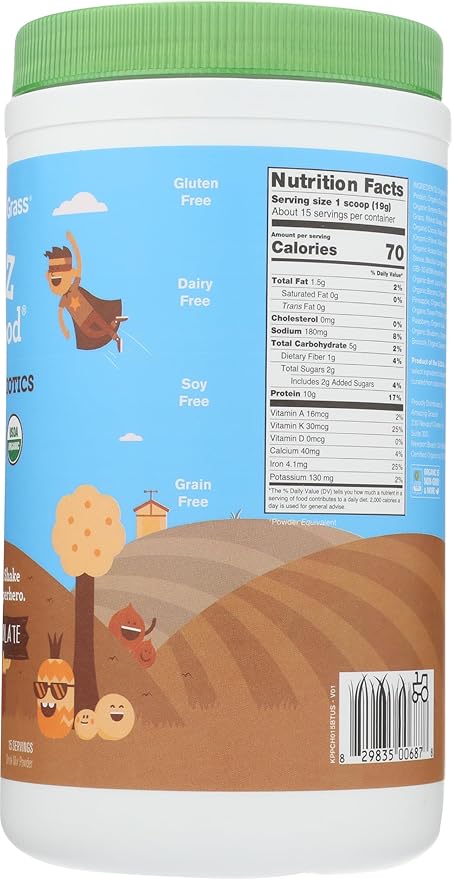 Amazing Grass Kidz Superfood: Vegan Protein & Probiotics for Kids with Beet Root Powder & 1/2 Cup of Leafy Greens, Extreme Chocolate, 15 Servings