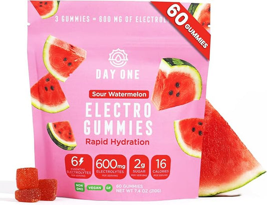 Day One ElectroGummies – Electrolyte Hydration Gummies – Ideal to Boost Hydration & Energy – Supplement for Post & Pre Workout – for Men, Women, Kids – Extra Sour Watermelon Flavored – 60 Gummies