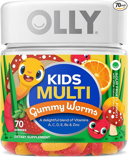 OLLY Kids Sleep Gummy, Melatonin, L Theanine, Chamomile, 60 Count and Kids Multivitamin Gummy Worms, Vitamins A C D E Bs Zinc, 70 Count