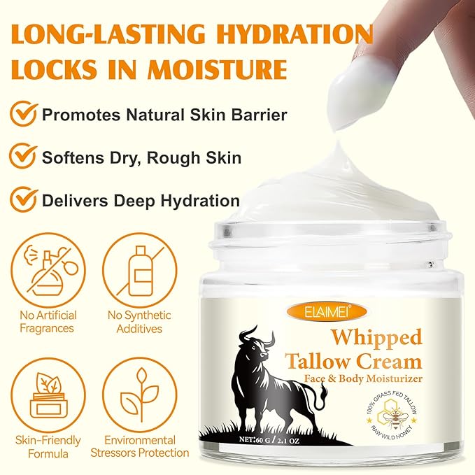 2PCS Beef Tallow and Honey Cream for Skin, Moisturizer Cream, Whipped Tallow Cream for Smooth Nourishing Face & Body, Natural Beef Tallow Balm for Skin Care, Beef Tallow, Butter and Honey Balm