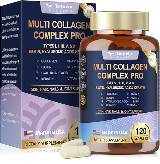 18-in-1 Collagen Pro with Hyaluronic Aicd, Keratin, Biotin, VIT A C & E for Skin, Hair, Nails, Joint & Beauty - Multi Collagen Peptides Capsules with Type I II III V & X for Women & Men - 120 Caps