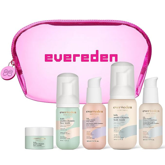 Evereden Kids Travel Set: Clean & Vegan 5-Piece Skin Care Set for Kids | Multi-Vitamin Kids Skin Care Set w/t Body Wash, Lotion, Face Wash, Cream, Shampoo & Conditioner | TSA approved