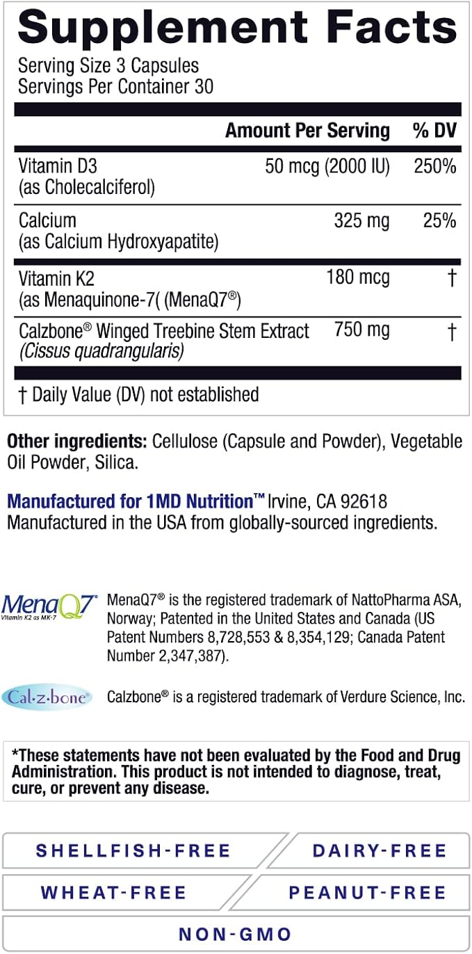 1MD Nutrition OsteoMD for Comprehensive Support - Supplement for Women and Men - Promote Density w/Vitamin D - Hydroxyapatite w/Vitamin D3 & K2-90 Capsules