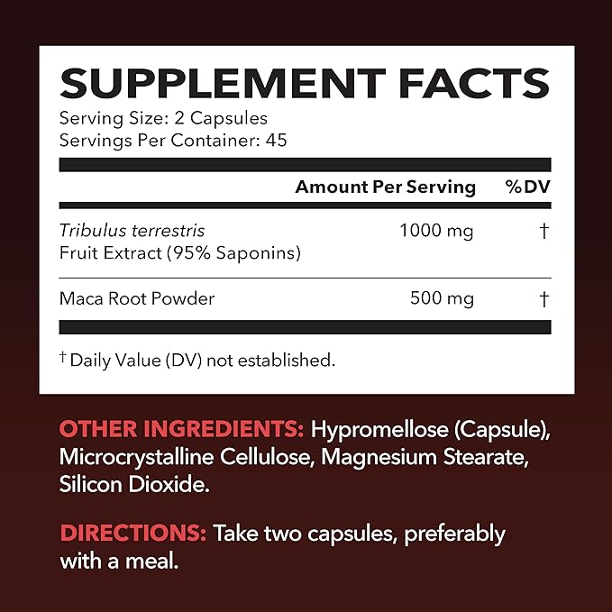 Tribulus Terrestris for Men (95% Saponins) with Maca Root - 1,000 mg Tribulus Terrestris Extract and Maca Root Capsules for Men - Male Performance Support - 90 Tribulus Extract and Maca Capsules