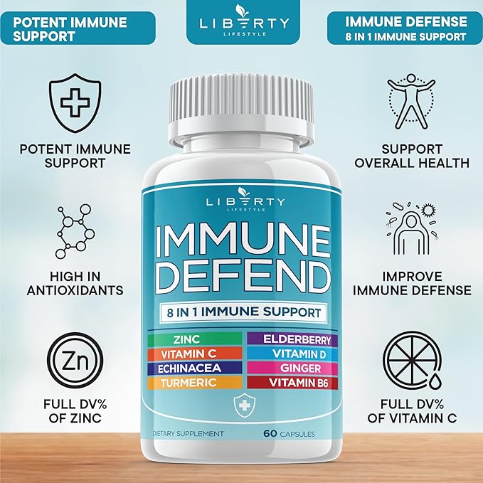 8 in 1 Immune Defense Support, Immunity Capsules Supplement Booster with Echinacea Zinc 50mg, Vitamin C , D3 5000 IU, Turmeric Curcumin & Ginger, Echinacea - Allergy Relief for Kids Adults (1 Pack)
