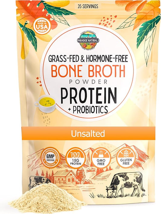 100% Grass-Fed Organic Beef Bone Broth Powder, Probiotics, Collagen, 15g Protein, Non-GMO, Low Sodium, Gut Health, Paleo, Keto, Gluten-Free, Healthy Skin, Hair, Joints - 25 Servings