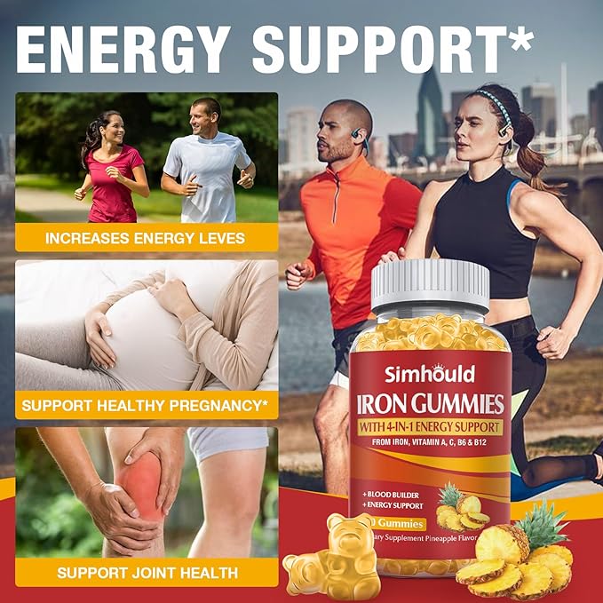 2 Pack Vegan 80MG Iron Supplement Gummies for Women & Men - Vitamin A, C, B for Adults & Kids - Blood Builder & Energy Support for Iron Deficiency, Anemia, 120 Counts Pineapple Flavor Gummies