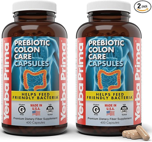 Yerba Prima Prebiotic Colon Care Capsules, 400 Caps (Pack of 2) - Five Forms of Dietary Fiber Supplement - Healthy Soluble & Insoluble Fibers for Regularity & Digestive Support
