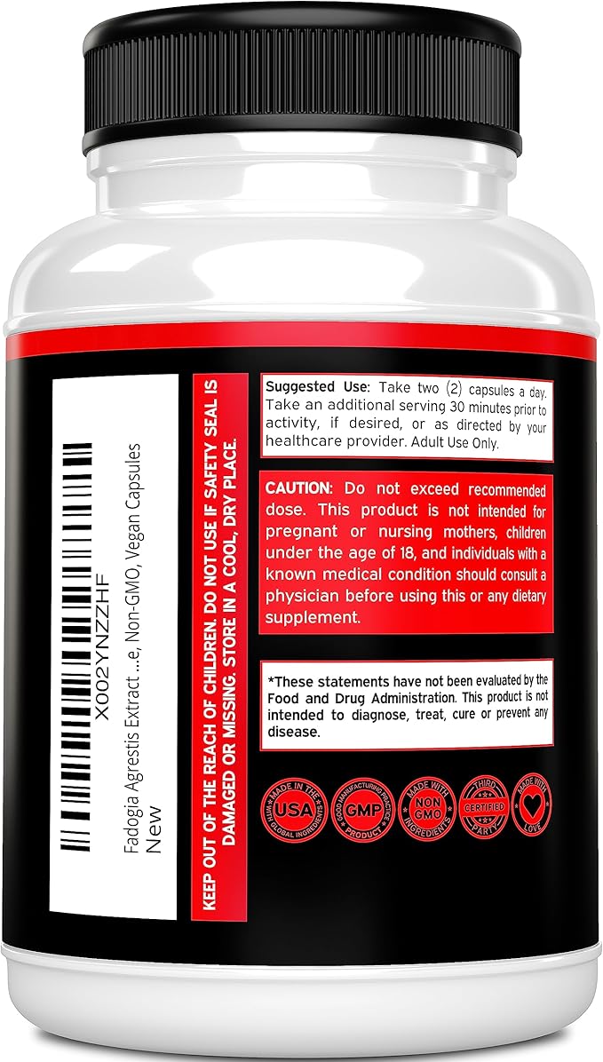 Fadogia Agrestis Extract 1000mg per Serving - [Maximum Strength] - Strength, Drive, Athletic Performance, Muscle Mass - Third Party Tested - Zero Fillers - Gluten Free, Non-GMO, Vegan Capsules