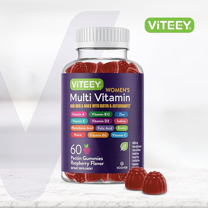 Womens Multivitamin Gummies - Immune Support - 12 in 1 Essential Daily Vitamins & Minerals - Vitamin A, C, D3, E, B6, B12, Folic Acid, Biotin, Calcium, Zinc & More - Vegetarian - Raspberry Flavored