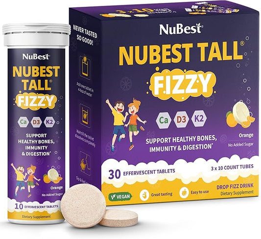 NuBest Tall Fizzy - Bone Strength, Immunity, Digestive Health for Kids & Teens | Probiotic, Calcium, Magnesium from Red Marine Algae, Vitamin D3, K2 & Zinc | 30 Orange Effervescent Tablets - Ages 4+