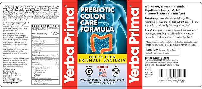 Yerba Prima Prebiotic Colon Care Formula, 20 oz Powder (Pack of 2) with FOS - Natural Psyllium Fiber, Magnesium, Selenium - Non-GMO, Gluten Free, Vegan Daily Supplement - for Men & Women