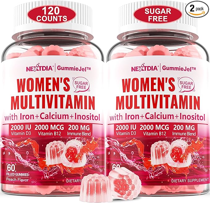 Sugar-Free Methylated Multivitamin for Women Gummies, Algae Calcium, Vitamin A, C, E, B12, D3 K2, Iron, Folate, Biotin, Inositol - Multi Vitamins & Minerals - Energy, Immune, Blood, Bone, Vegan 120Cts
