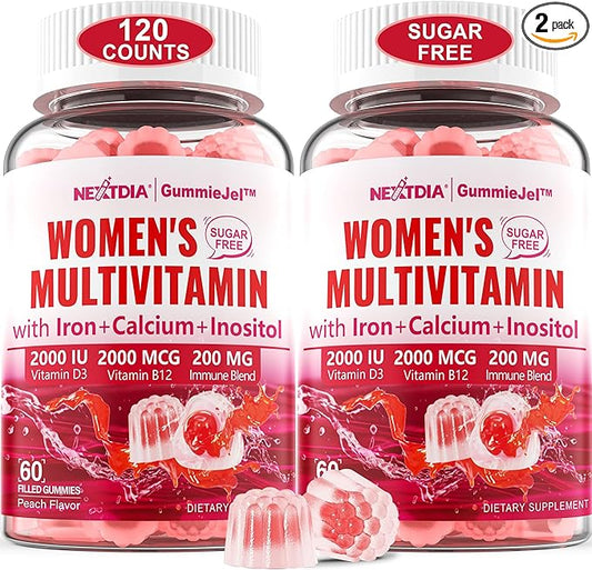 Sugar-Free Methylated Multivitamin for Women Gummies, Algae Calcium, Vitamin A, C, E, B12, D3 K2, Iron, Folate, Biotin, Inositol - Multi Vitamins & Minerals - Energy, Immune, Blood, Bone, Vegan 120Cts