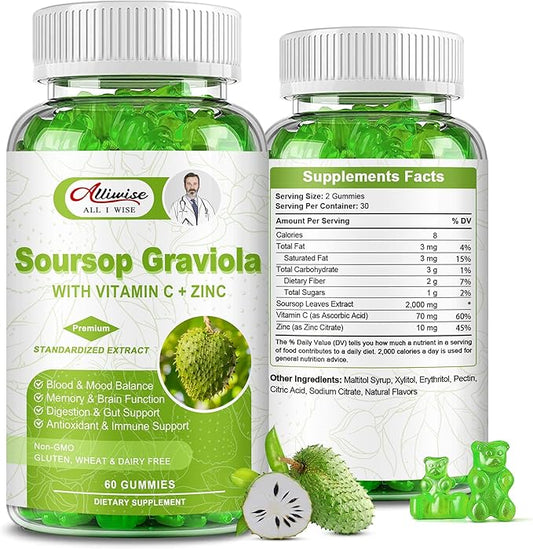 2000mg Natural Soursop Graviola Gummies Supplement, Original Soursop Leaves Extract with Vitamins C & Zinc for Women & Men, Multivitamin Soursop Fruit Supplement for Immunity & Antioxidant & Energy