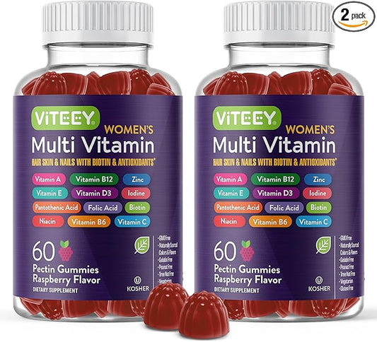 Womens Multivitamin Gummies - Immune Support - 12 in 1 Essential Daily Vitamins & Minerals - Vitamin A, C, D3, E, B6, B12, Folic Acid, Biotin, Calcium, Zinc & More - Vegetarian - Raspberry Flavored