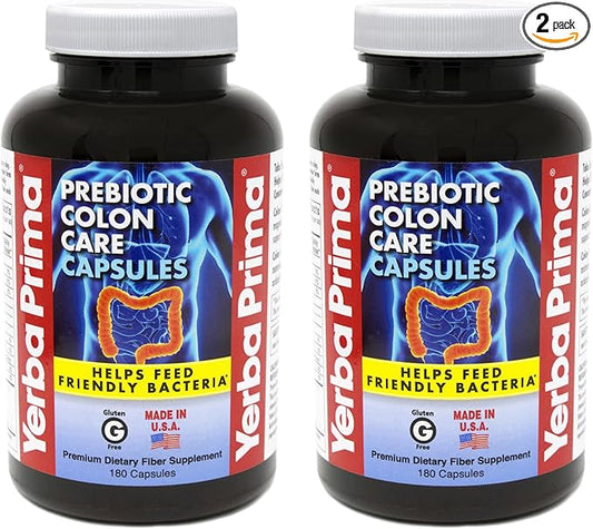 Yerba Prima Prebiotic Colon Care Capsules Dietary Fiber, 180 Count, (Pack of 2) - Five Forms of Fiber Plus FOS Prebiotics Supplement - Soluble & Insoluble for Regularity & Digestive Support