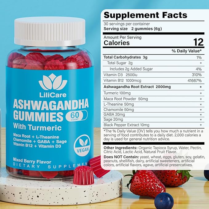 2 Pack Ashwagandha Gummies for Immune Support, 2000mg Organic Ashwa Root Extract Supplement for Women & Men - 120 Count