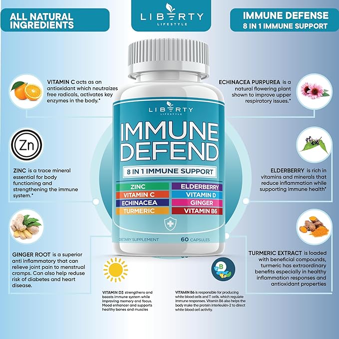 8 in 1 Immune Defense Support, Immunity Capsules Supplement Booster with Echinacea Zinc 50mg, Vitamin C , D3 5000 IU, Turmeric Curcumin & Ginger, Echinacea - Allergy Relief for Kids Adults (1 Pack)