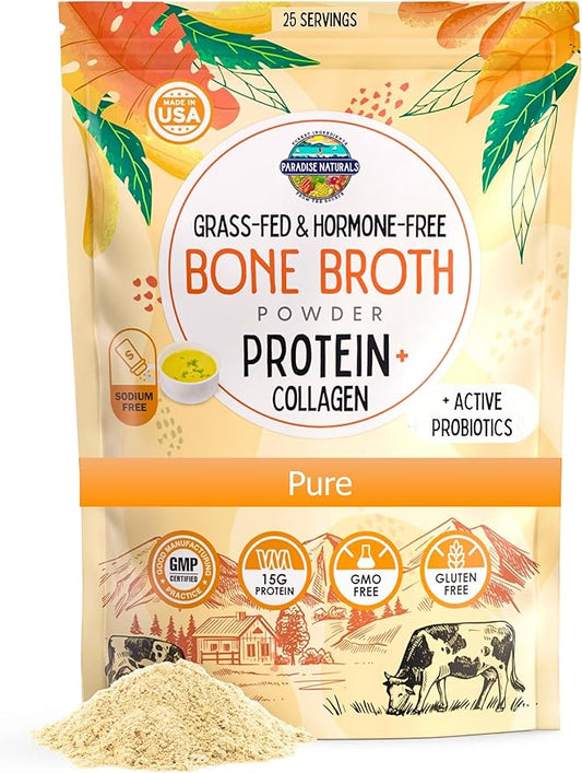100% Grass-Fed Organic Beef Bone Broth Powder, Probiotics, Collagen, 15g Protein, Non-GMO, Low Sodium, Gut Health, Paleo, Keto, Gluten-Free, Healthy Skin, Hair, Joints - 25 Servings